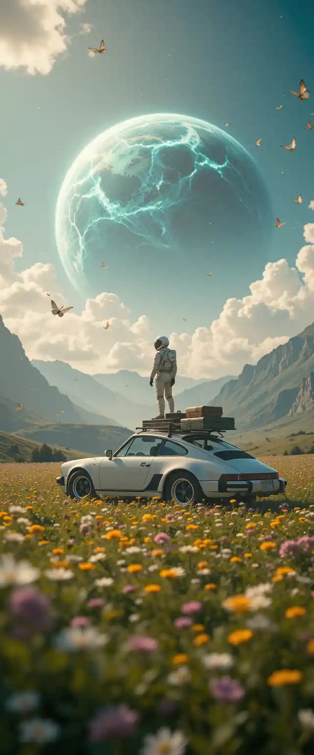 Astronaut Standing On Sports Car In Flower Meadow