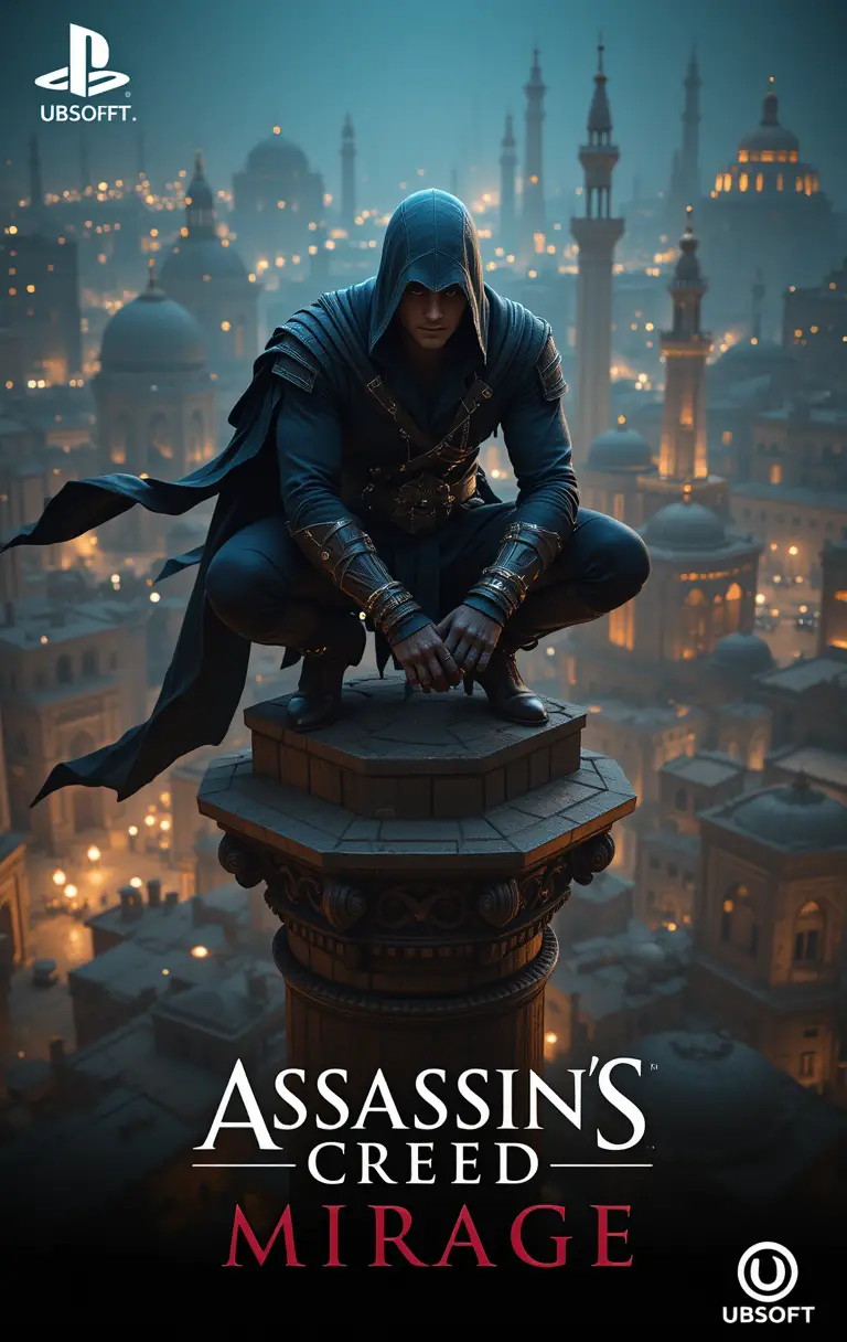 Assassin overlooking ancient Baghdad from a towering minaret
