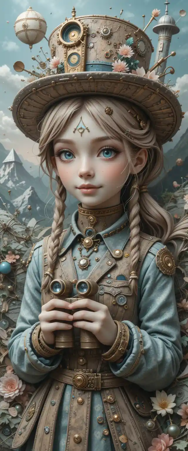 Steampunk girl portrait sculpture with pastel mountain background
