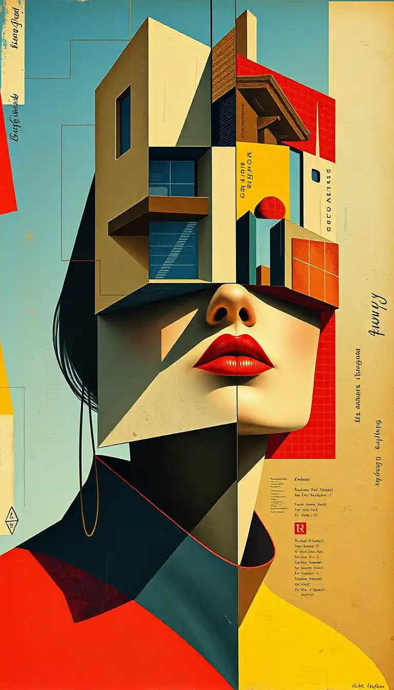 Surrealist architectural portrait of a woman in bold colors