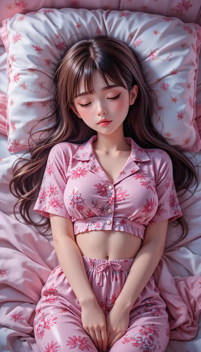 Sleeping anime girl in pink floral pajama outfit