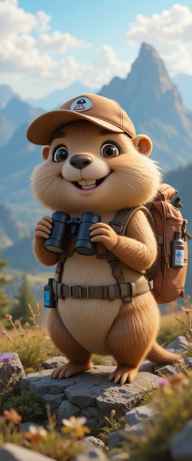 Cute marmot hiking on a mountain with gear