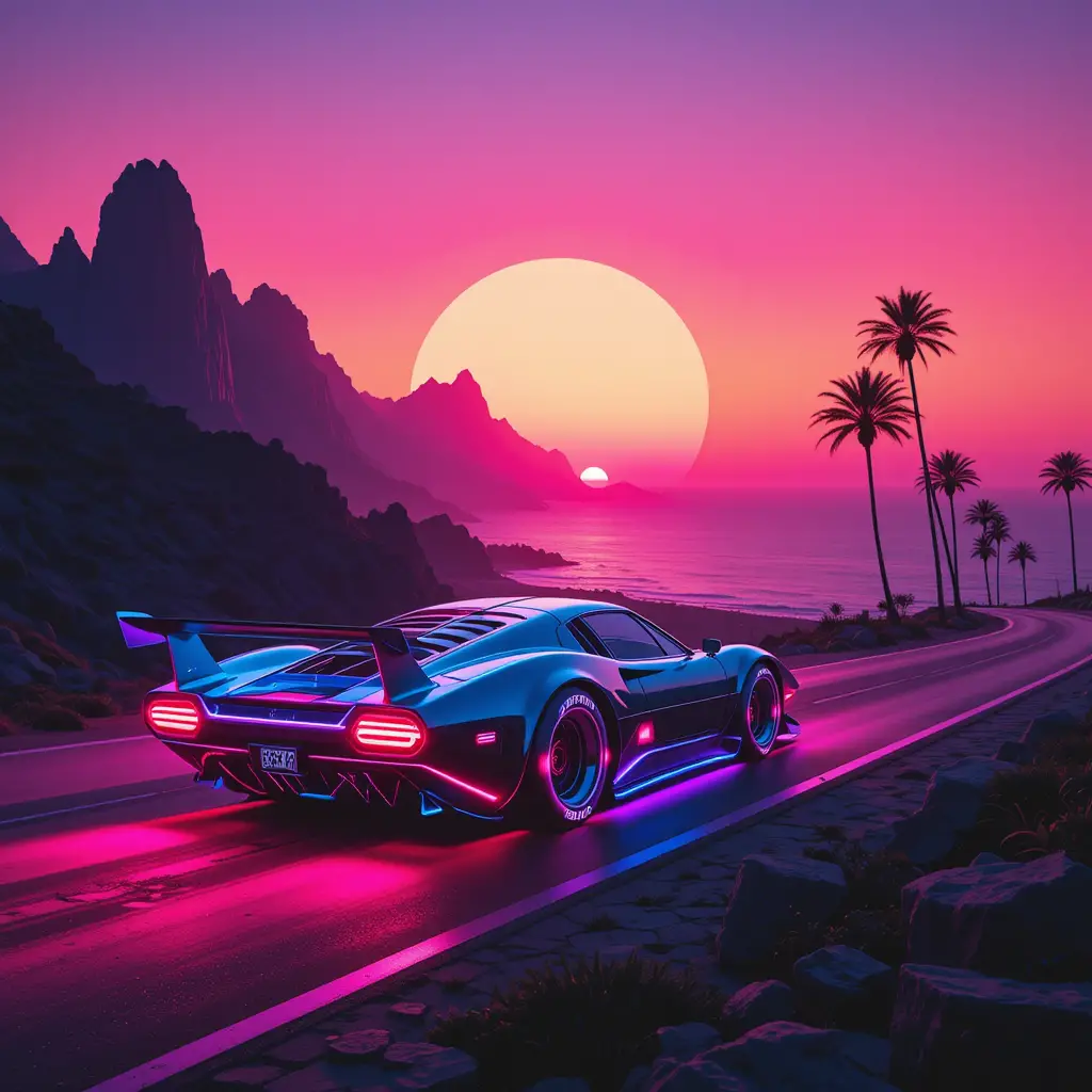 Neon sports car on a retro futuristic coastal highway