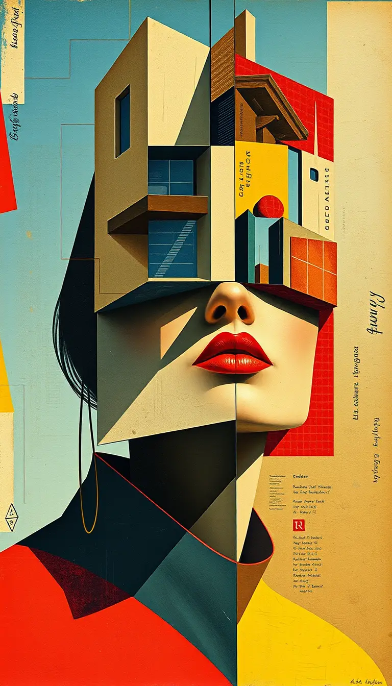 Surrealist architectural portrait of a woman in bold colors