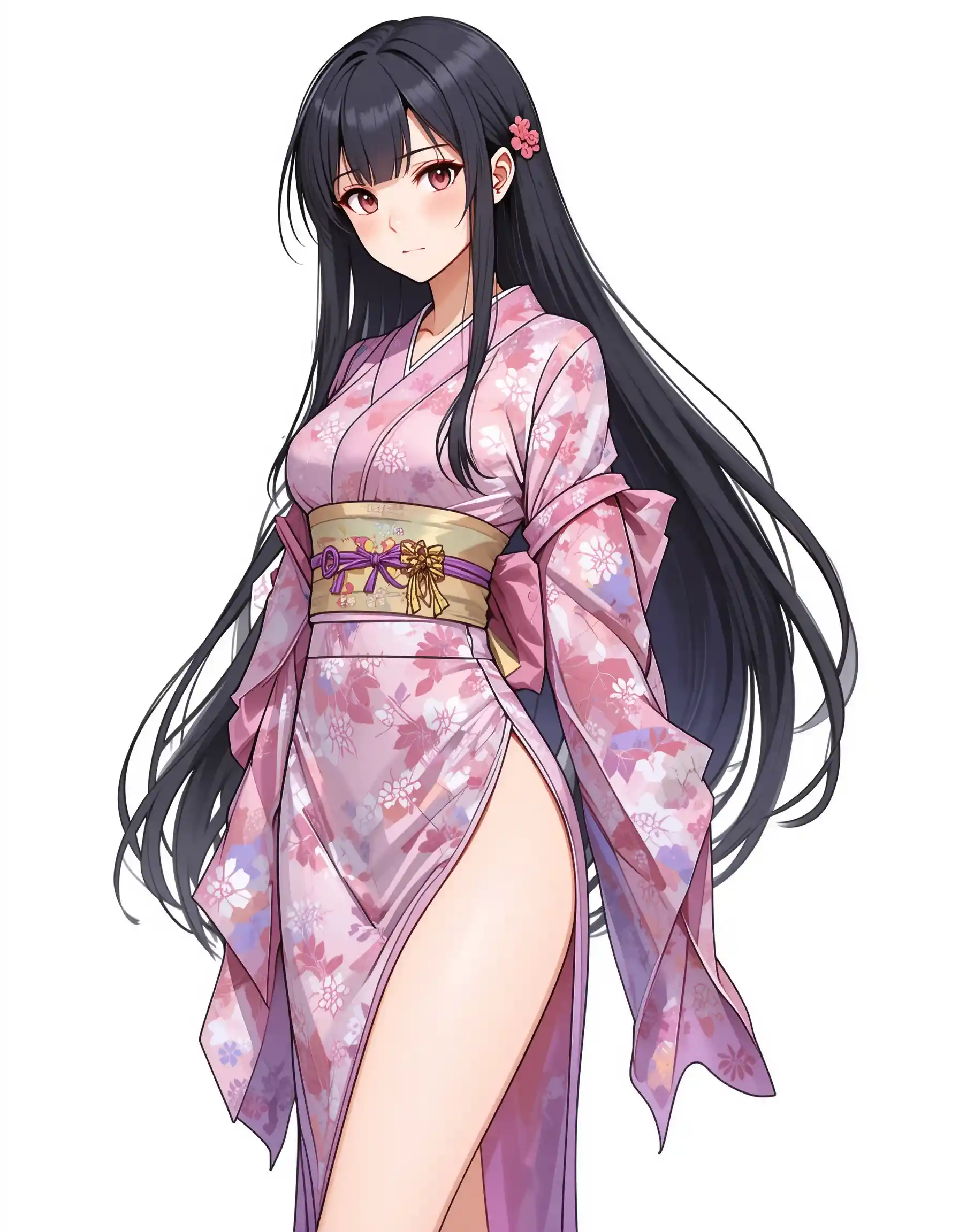 Anime woman in pink and purple kimono on white background