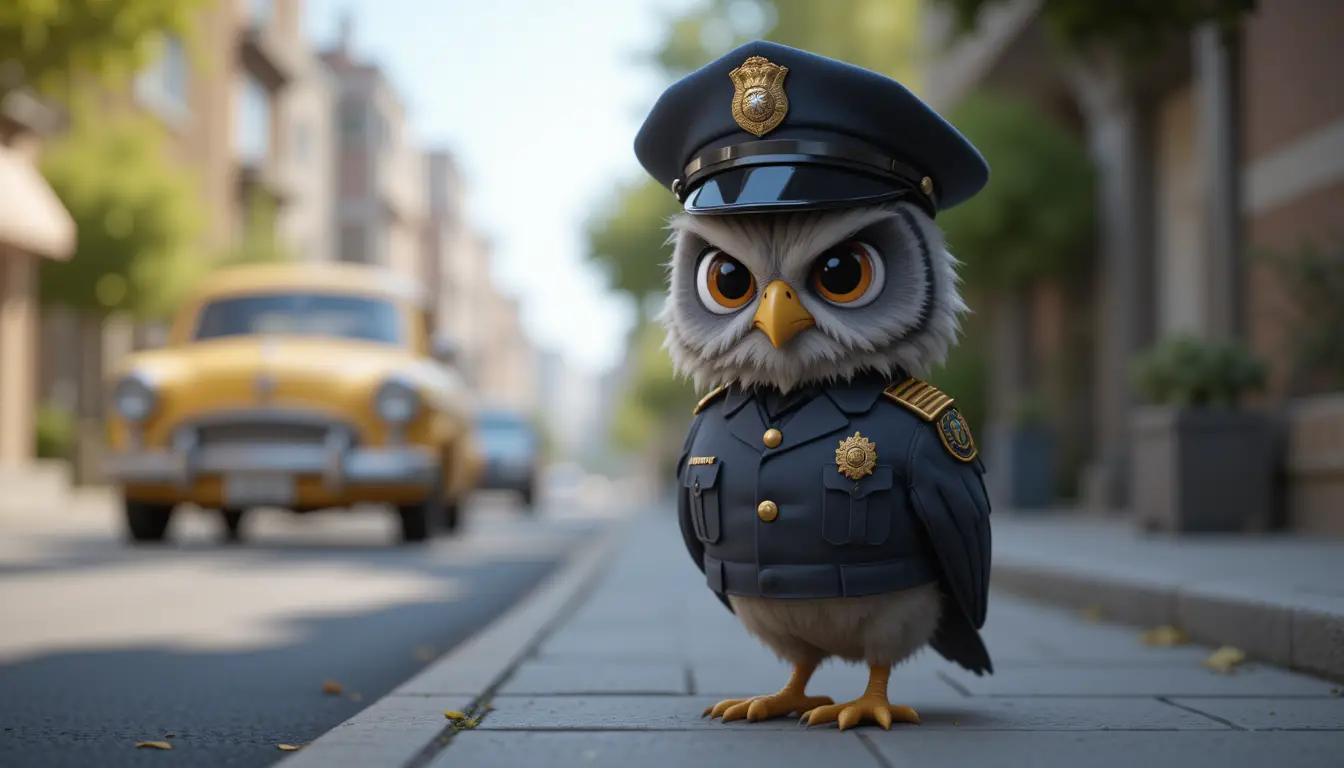 Cartoon police bird standing by yellow car on street
