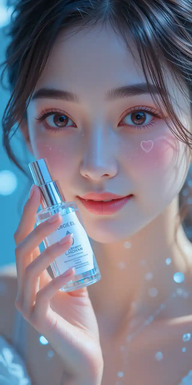 Glückliche japanische Frau hält Hautpflege-Serum im Studio