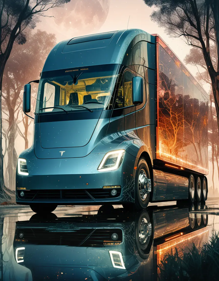 Double exposure truck merging with nature and cityscape