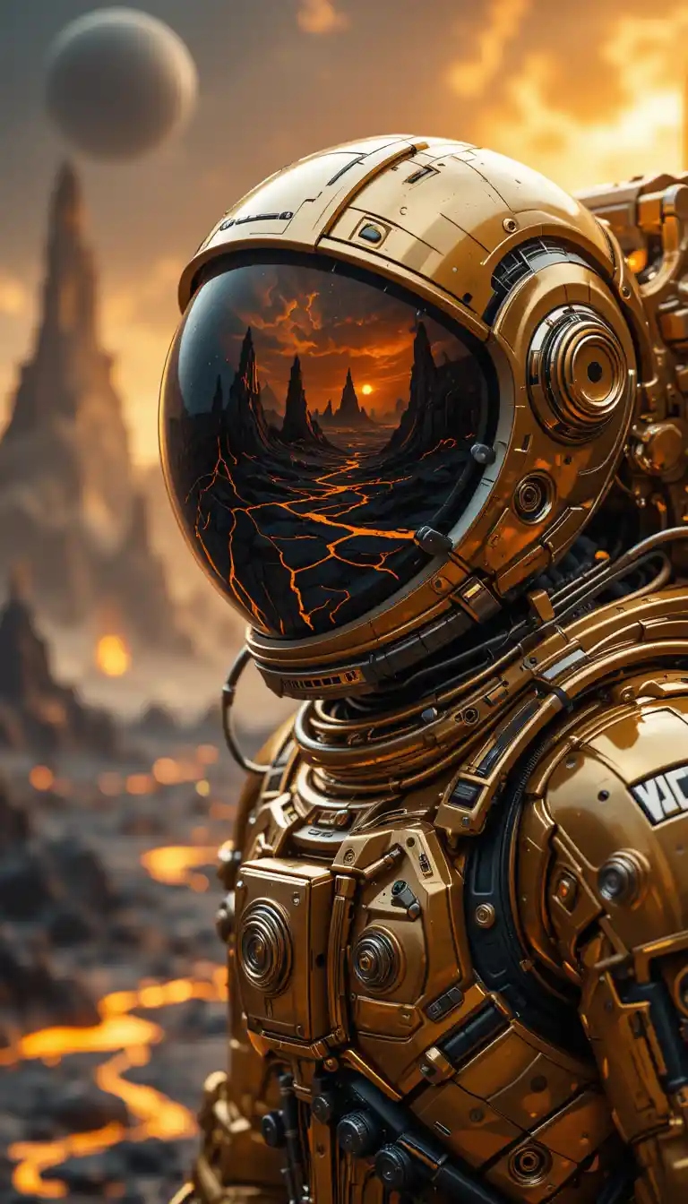 Golden astronaut close up with alien world reflection