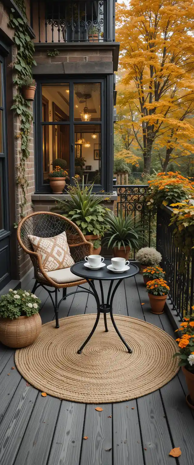 Cozy autumn balcony with tea table and flowers