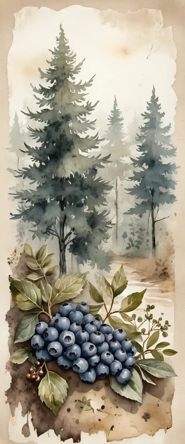 Watercolor Blueberry Bush In A Misty Forest Scene
