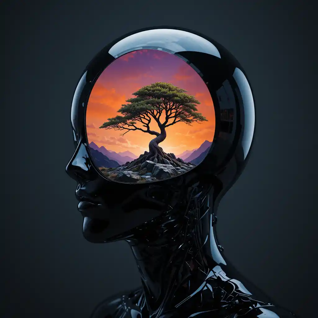 Surreal glossy head with inner tree and glowing sky
