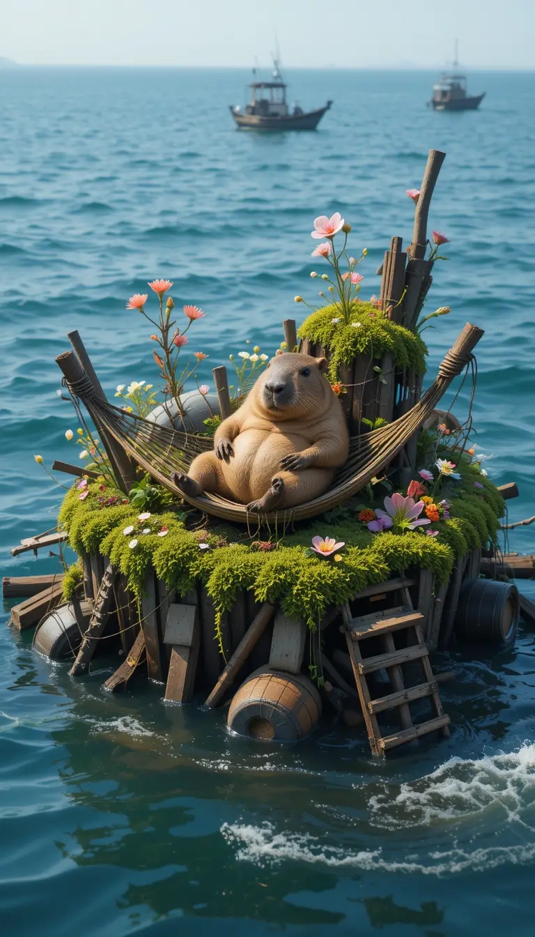 Capybara Resting On Floating Island Of Wreckage