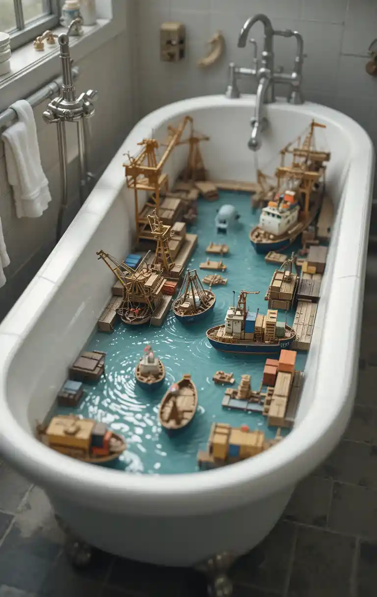 Miniature harbor world arranged inside a white bathtub