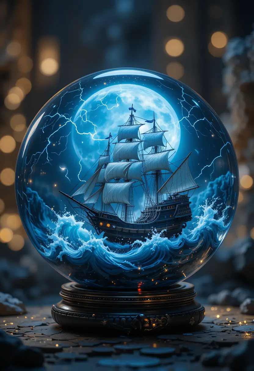 Pirate ship in storm inside glowing glass sphere