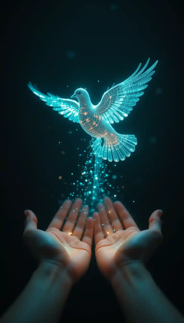 Holographic dove hovering above warm outstretched hands