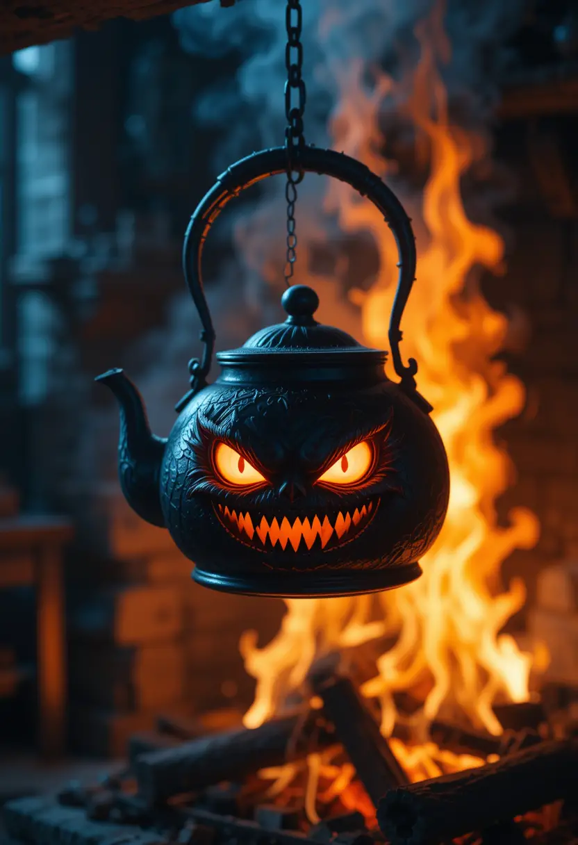 Sinister Glowing Demon Kettle Above A Kitchen Fire