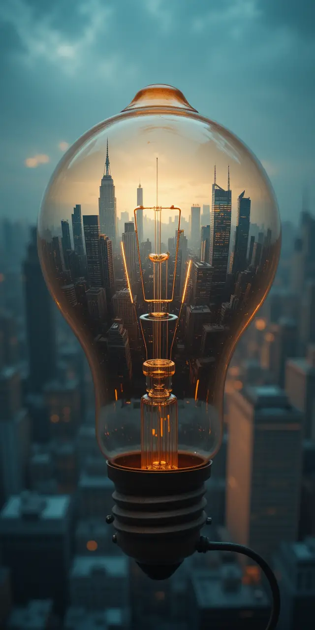 Vintage lightbulb glowing with an ethereal urban cityscape