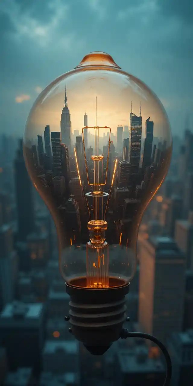 Vintage lightbulb glowing with an ethereal urban cityscape