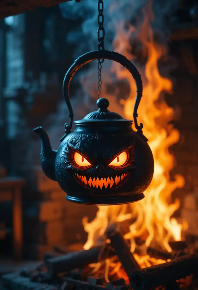 Sinister Glowing Demon Kettle Above A Kitchen Fire