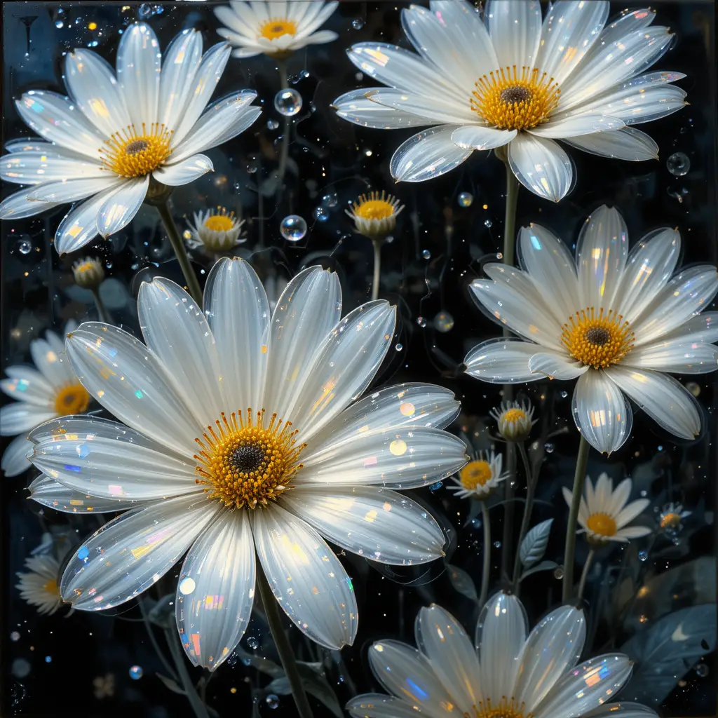 Fantasy close up of glowing glass daisies on black