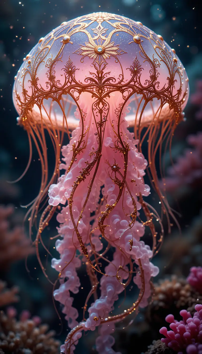 Ethereal jellyfish portrait with glowing coral reef backdrop