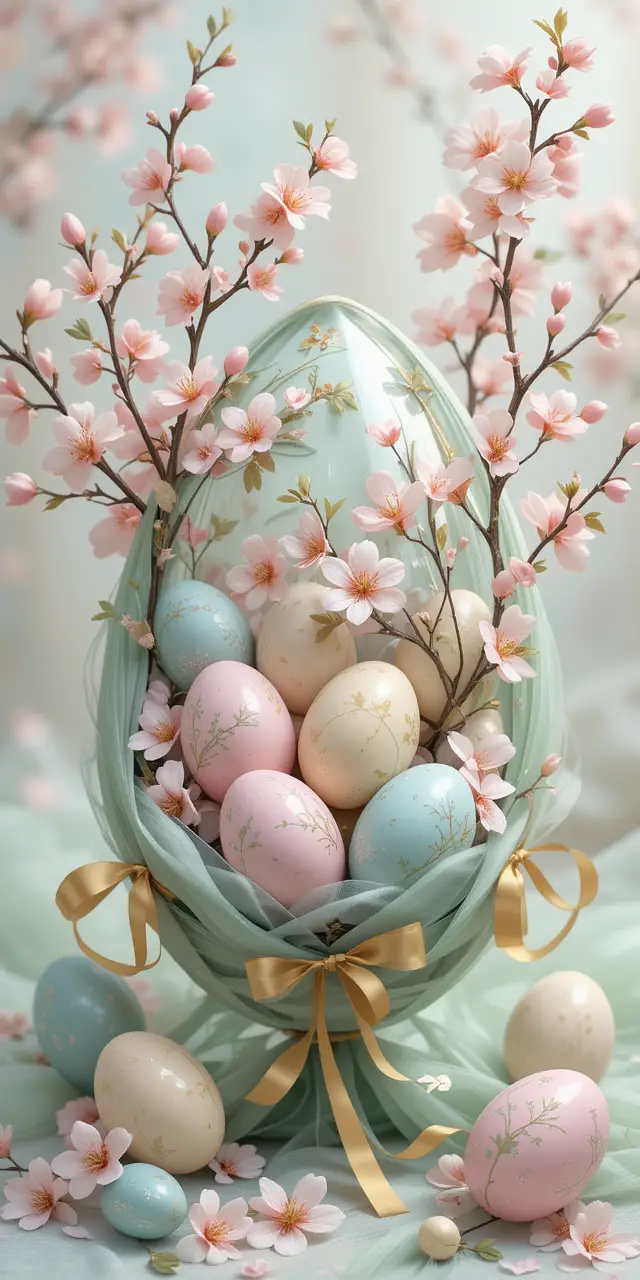 Pastel Easter eggs with cherry blossoms and soft fabric
