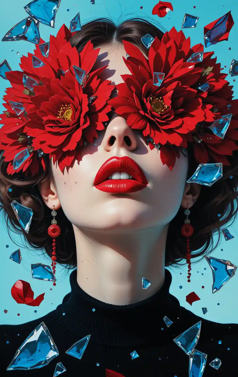 Femme surréaliste aux yeux couverts de fleurs rouges