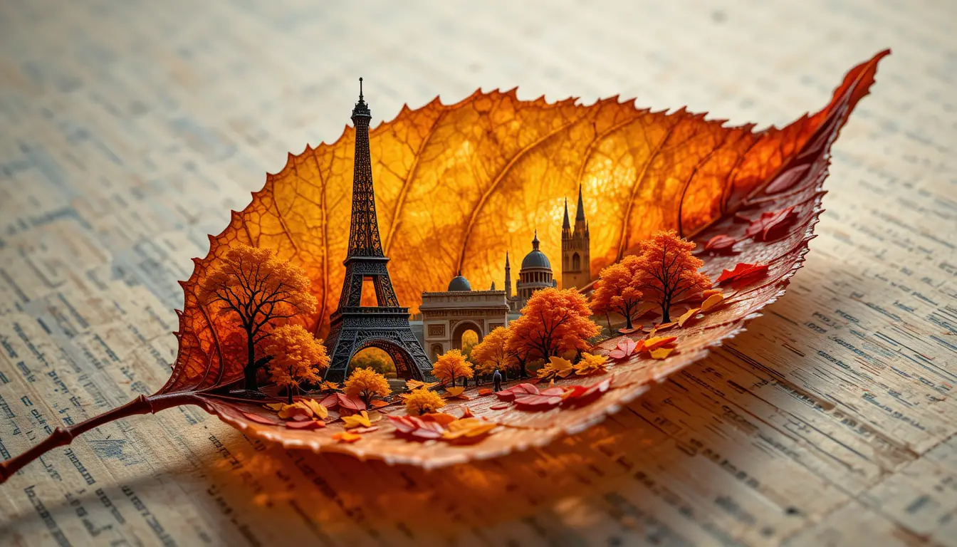 Autumn Leaf Close Up With Surreal Parisian Landscape