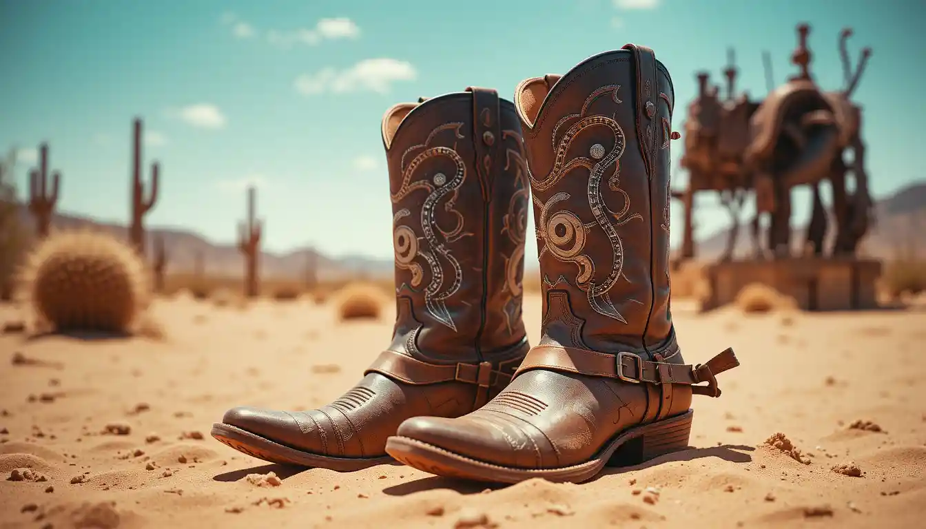 Weathered cowboy boots with revolver stitching in desert sand