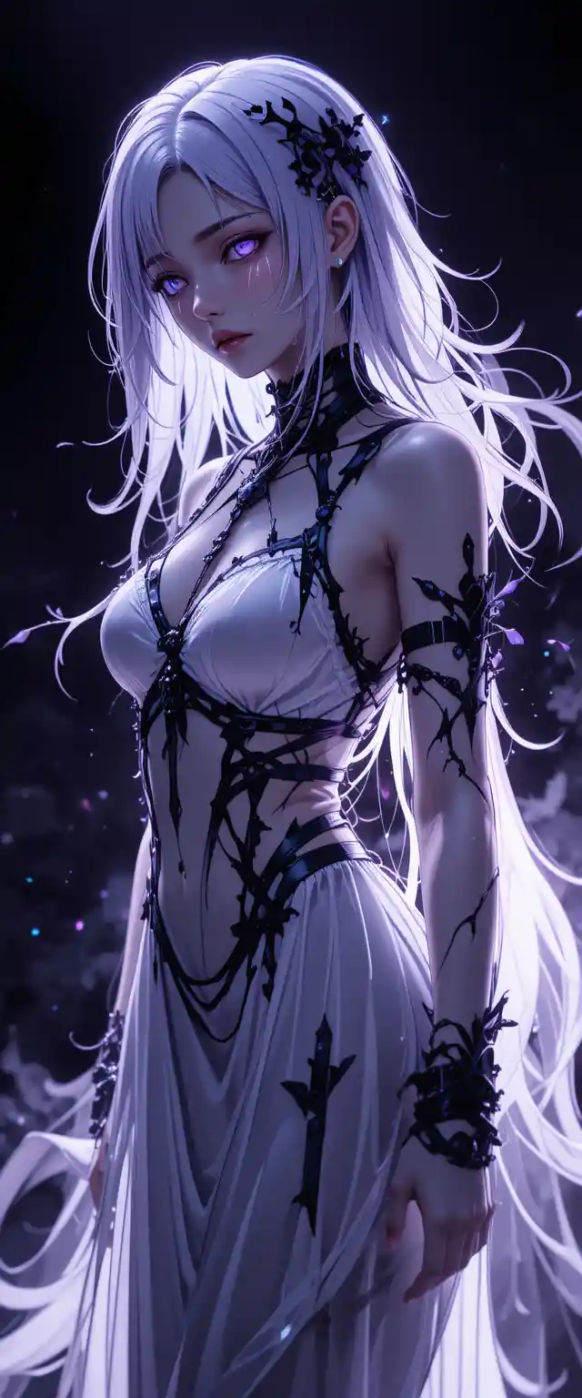 Sad anime woman in purple and black ethereal scene