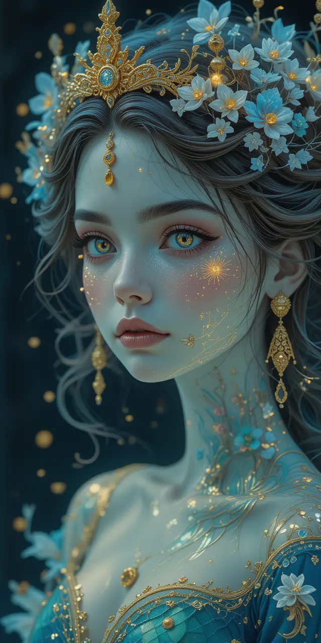 Bioluminescent anime princess portrait in underwater ink wash