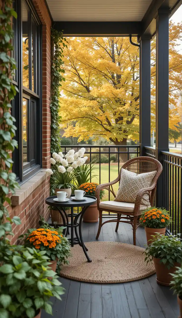 Cozy fall porch with plants and coffee table