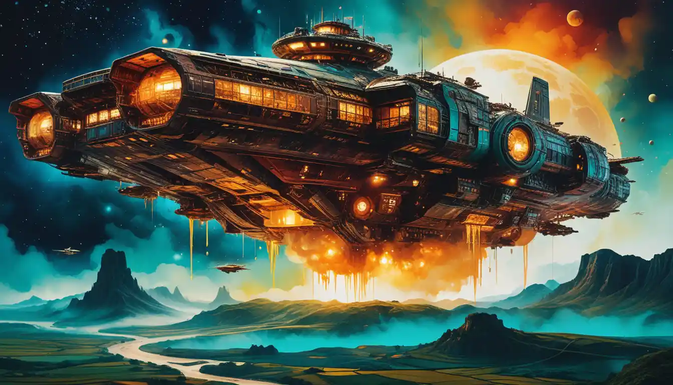 Abstract alcohol ink painting of a massive flying spaceship
