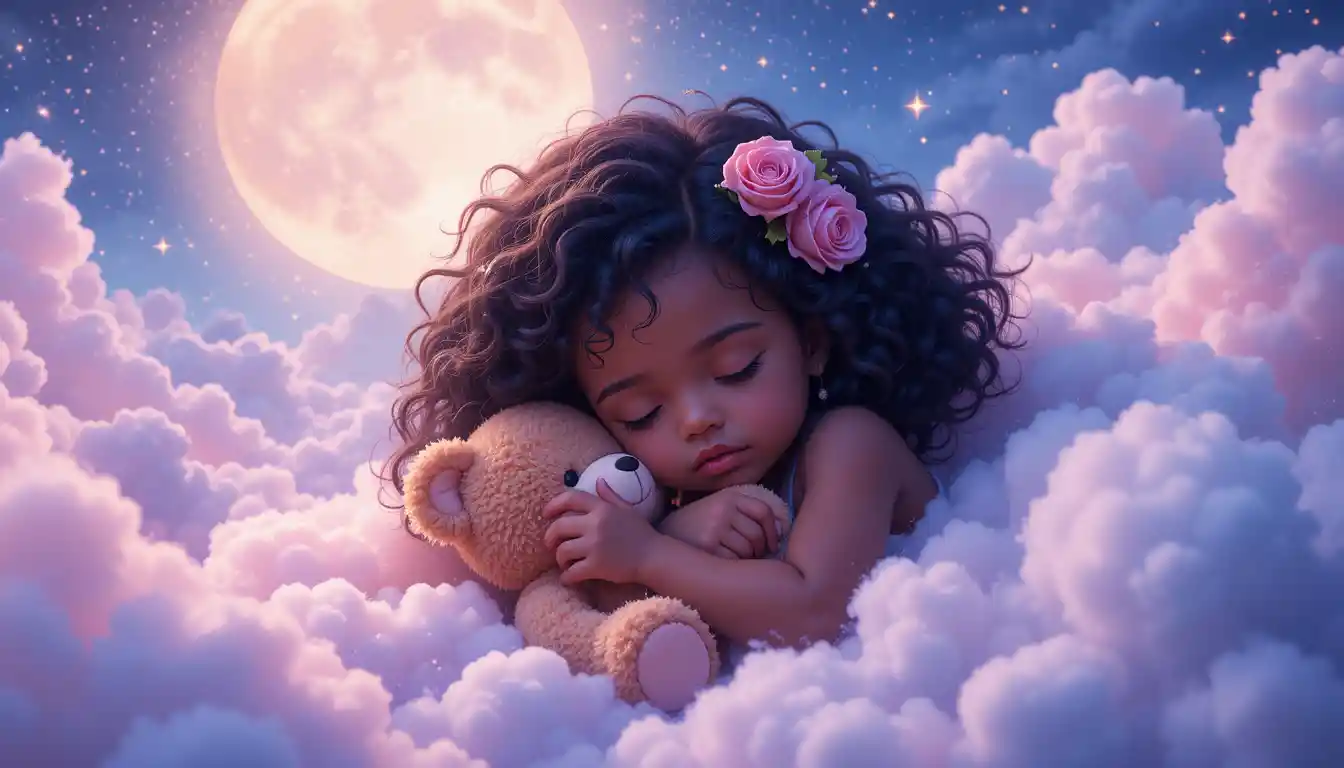 Little girl sleeping on clouds with teddy bear