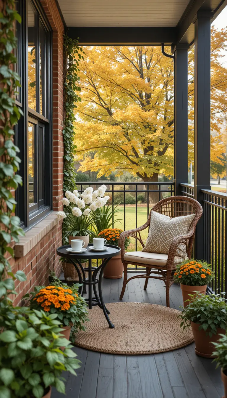 Cozy fall porch with plants and coffee table