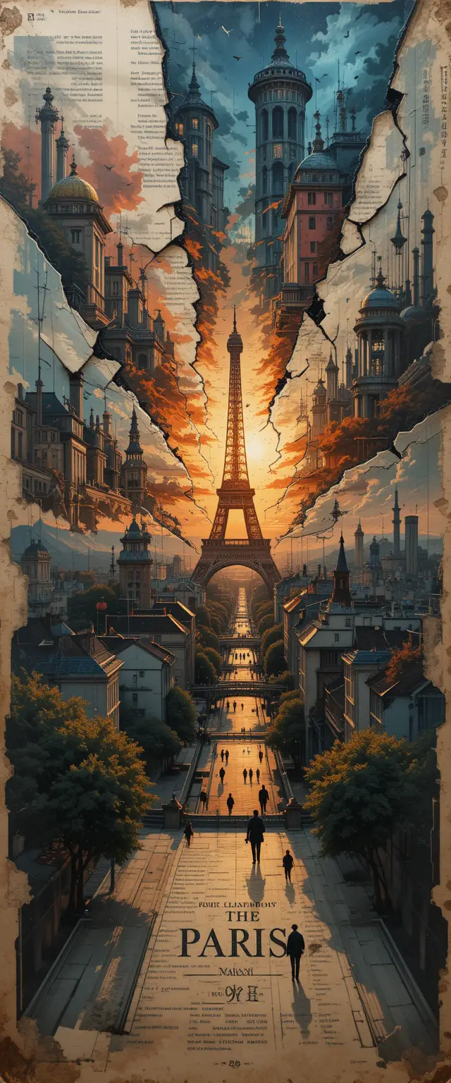Sunset Cityscape Painting With Dynamic Collage Perspective