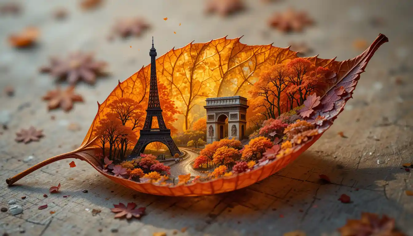 Close up autumn leaf with tiny paris cityscape