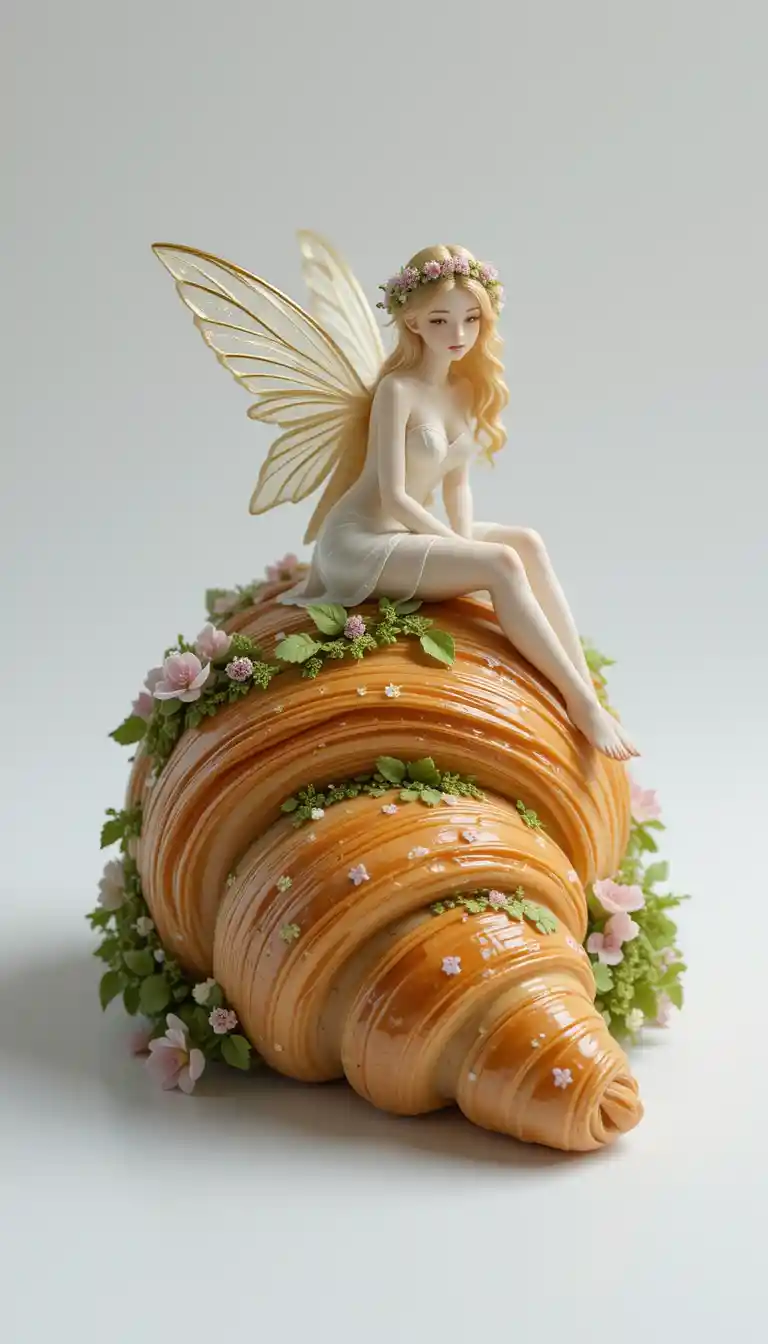 Porcelain croissant with golden haired fairy and floral details