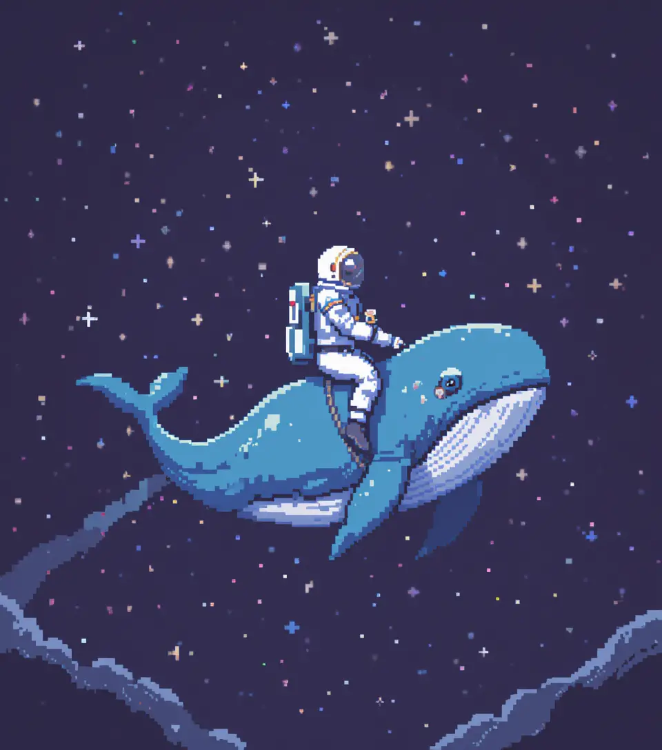 Astronaut Riding Blue Whale In Pixel Art Space Scene