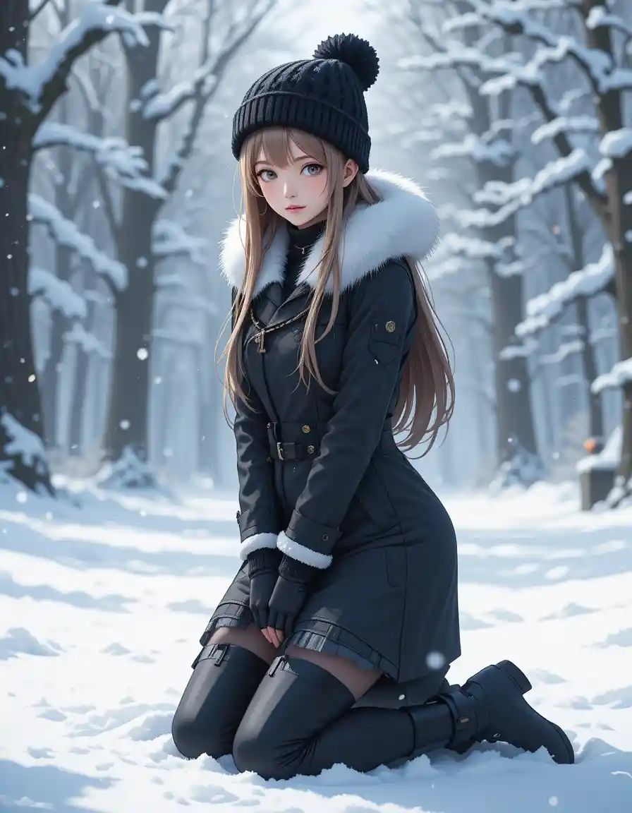 Anime girl kneeling in snowy forest wearing winter coat