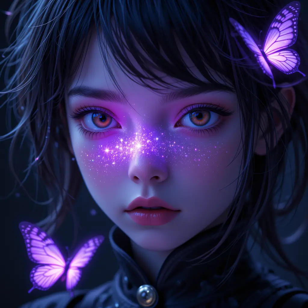 Close up fantasy girl with glowing butterflies