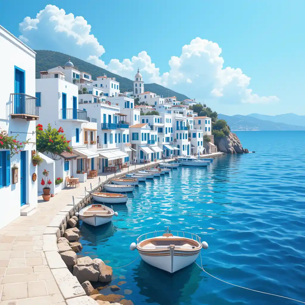 Calm coastal town with boats on blue summer sea