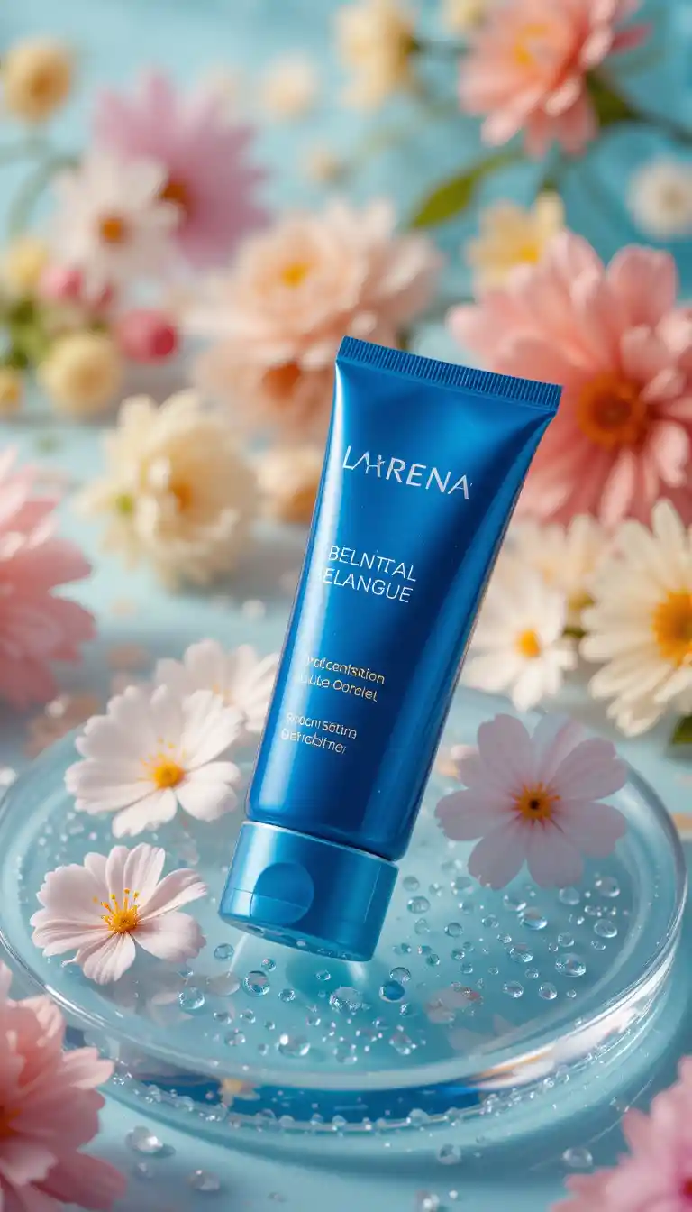 Blue skincare tube on glass platform with flowers