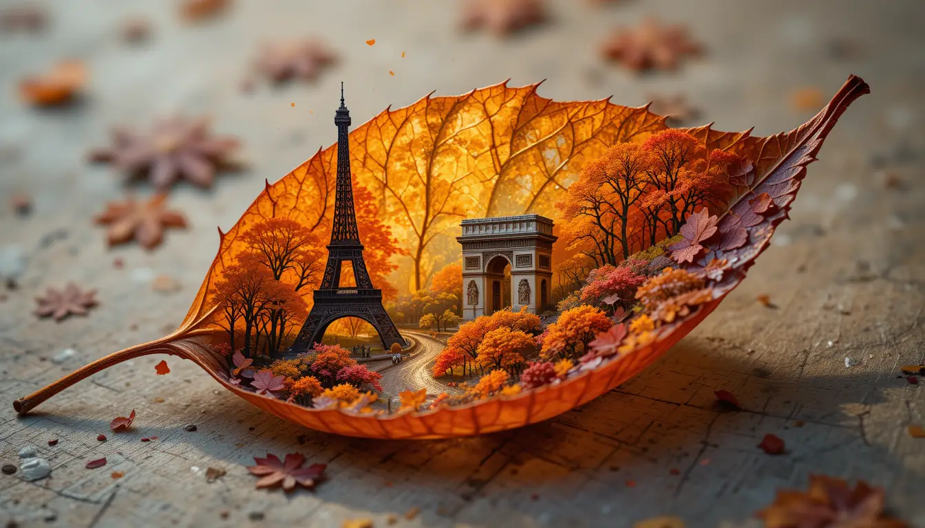 Close up autumn leaf with tiny paris cityscape