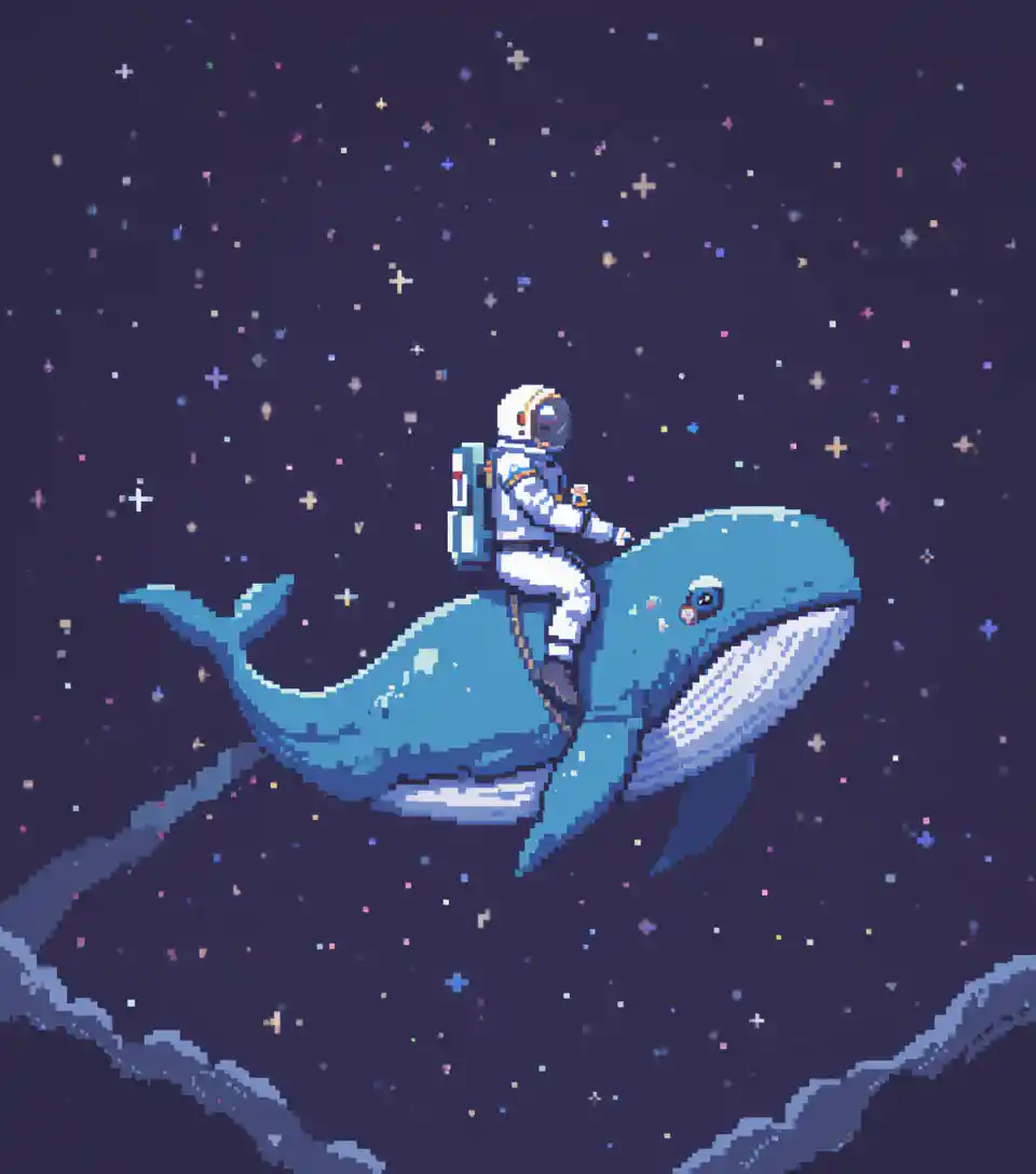 Astronaut Riding Blue Whale In Pixel Art Space Scene