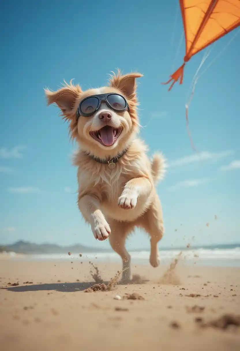 Joyful dog flying a kite on a windy beach