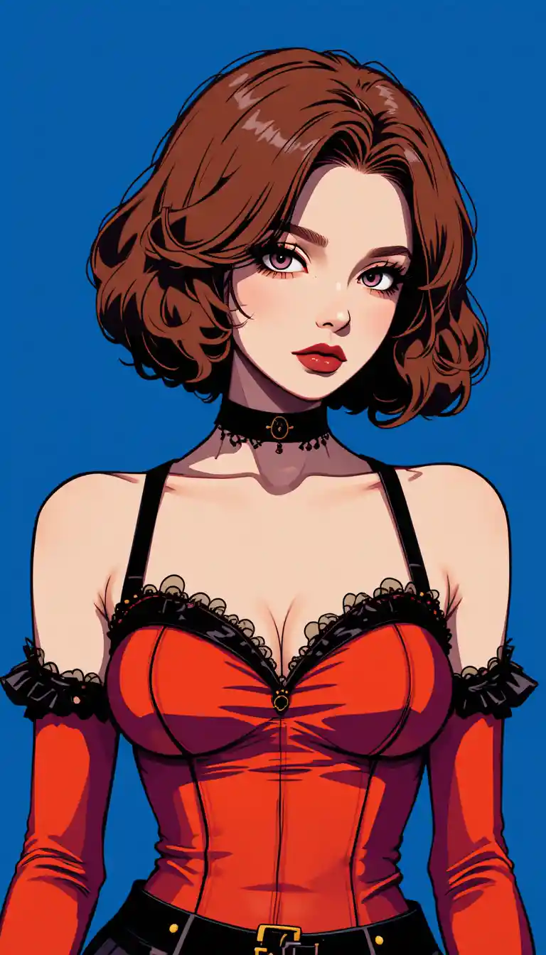 Anime woman in gothic fashion on bold blue background