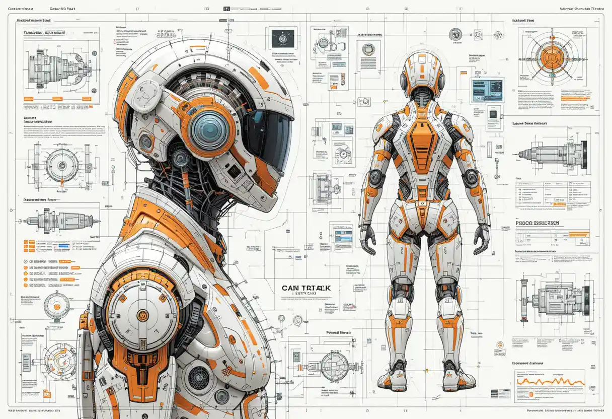 Diagramma illustrato tecnico di tuta futuristica per operazioni di cybersecurity