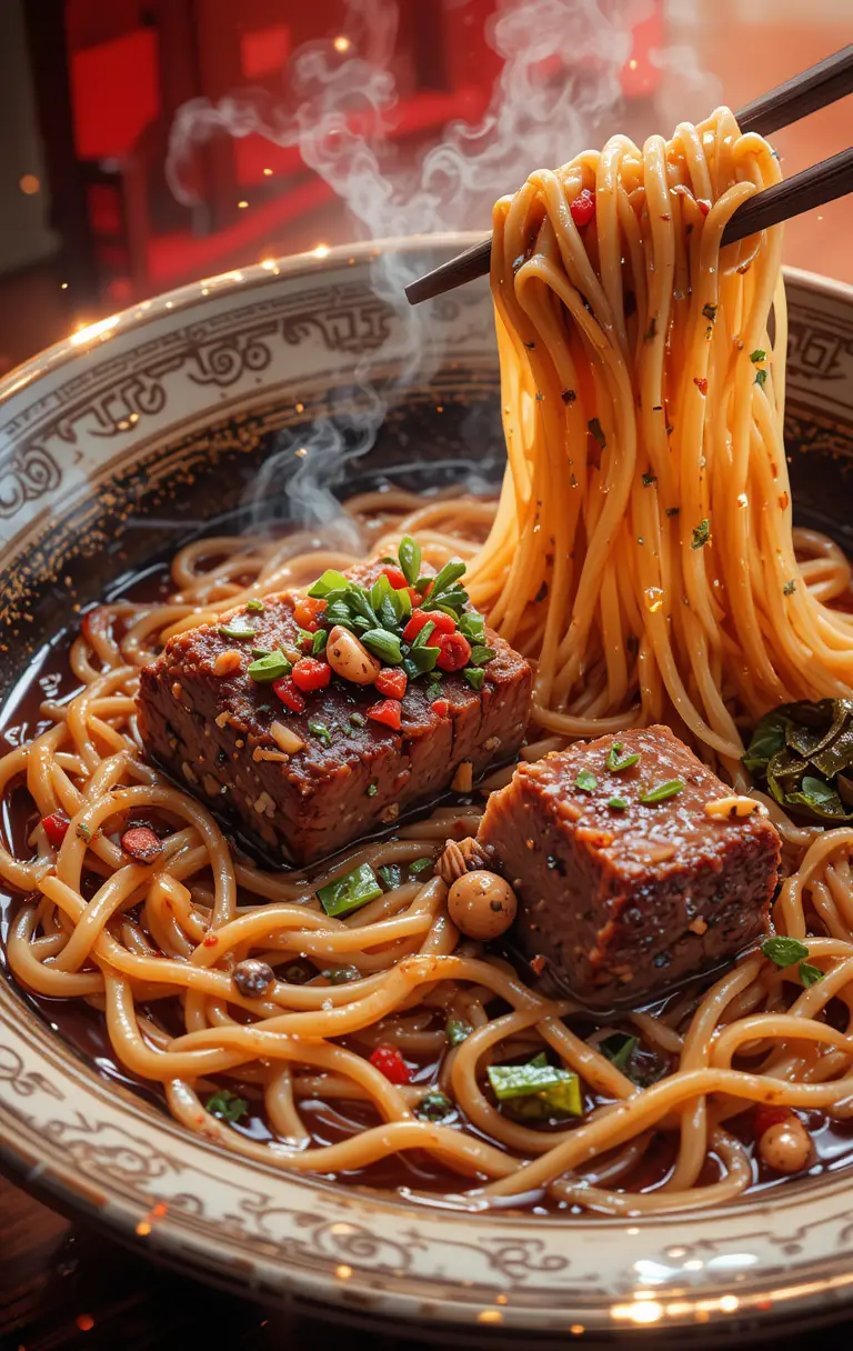 Illustrazione anime in primo piano di una ciotola di noodles cinesi con manzo